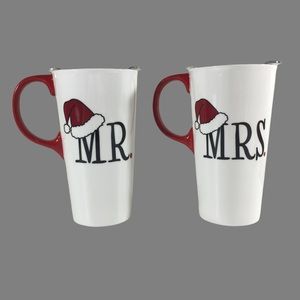 Cypress Home 17 oz. Ceramic Mr & Mrs Mug/Cup Set. Travel Lids Included. Boxed